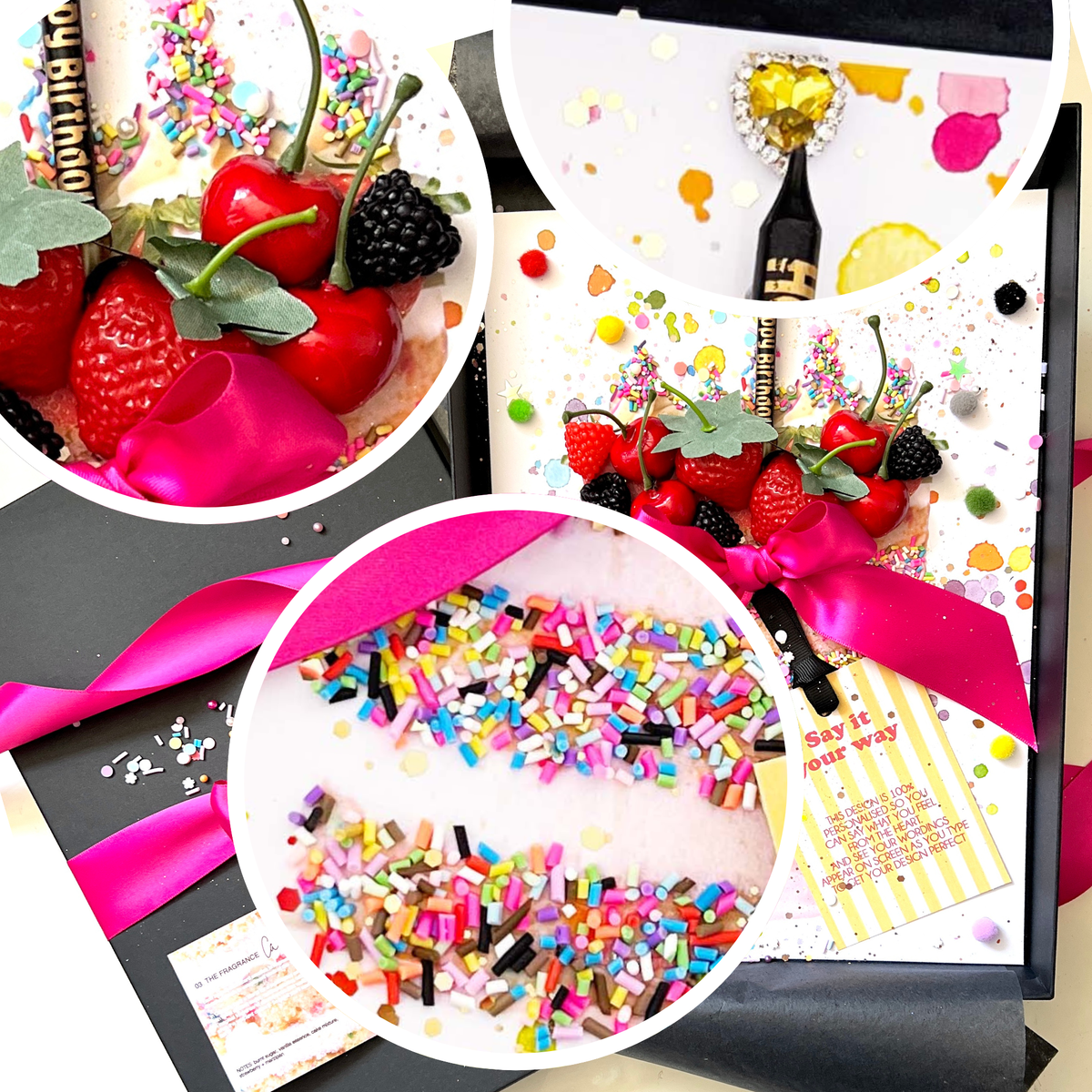 Close up detail of the Luxe Cards fragranced cake birthday gift - A luxury birthday card to wow with cake design filled with colorful sprinkles, strawberries, cherries, blackberries, and pink ribbon. Scented with Cake Mixture fragrance