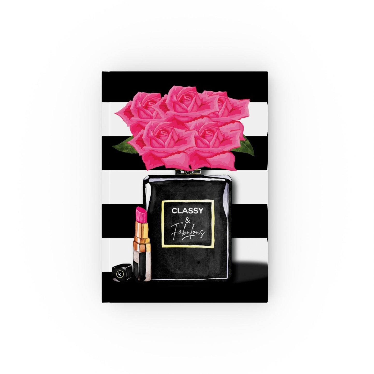 Black Roses and perfume bottle journal Notebook with pink roses and 'Classy & Fabulous' text on a black and white striped background