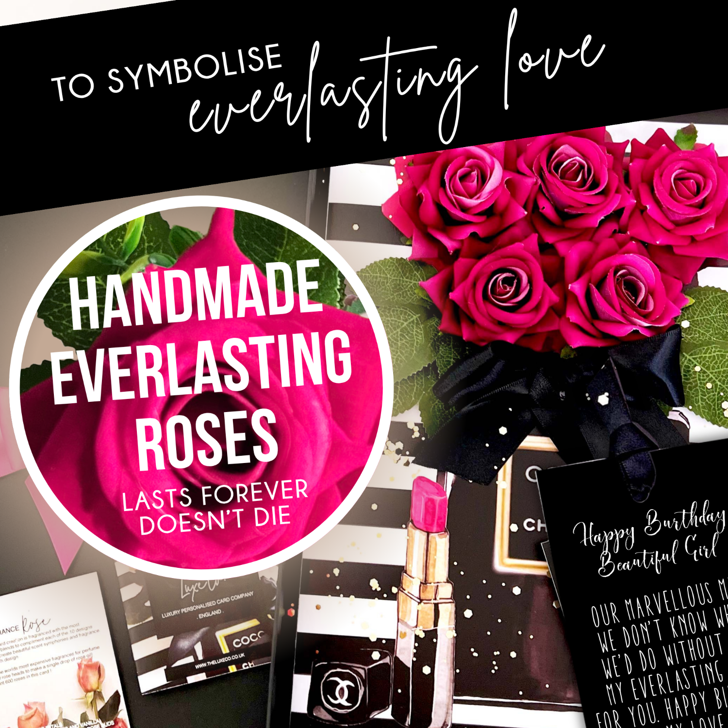 Luxury WIFE Birthday Card handmade with pink roses, lipstick, and gift card with Everlasting Roses
