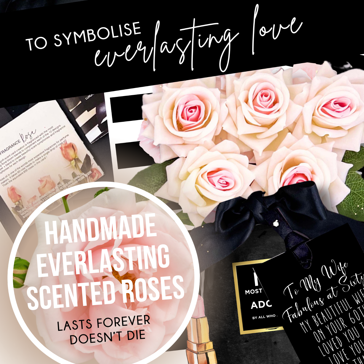 Everlasting Rose Cards to symbolise everlasting love. A card Bouquet of pink everlasting roses that won't die in a black box with text about symbolizing everlasting love and scented roses.