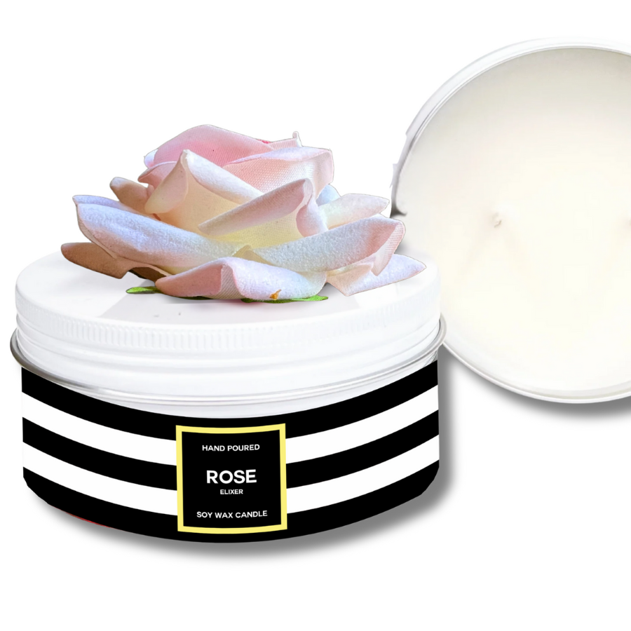 Panache Blush Rose Soy Wax Candle - Scented Rose Fragranced Candle with a blush pink handmade velvet rose on top and a black and white striped label