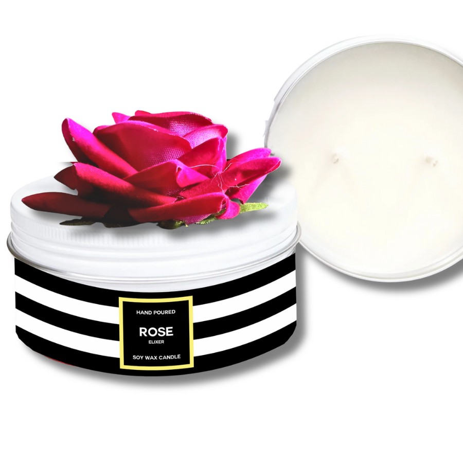 Panache Hot Pink Rose Soy Wax Candle - Scented Rose Fragranced Candle with a Hot Pink rose on top and a black and white striped label