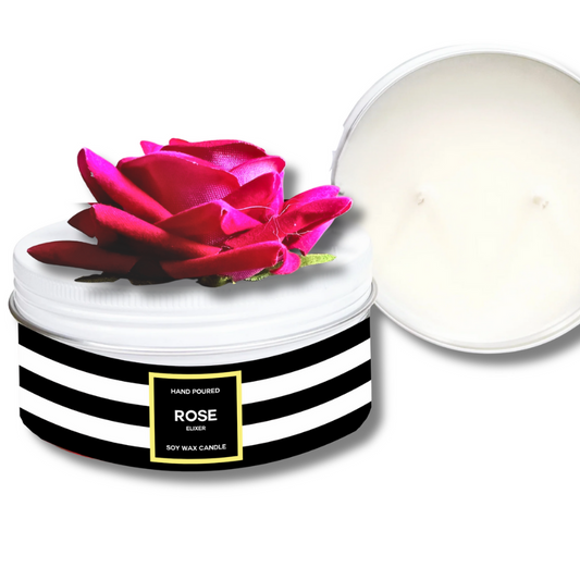 Panache Hot Pink Rose Soy Wax 80th birthday Candle - Scented Rose Fragranced Candle with a Hot Pink rose on top and a black and white striped label