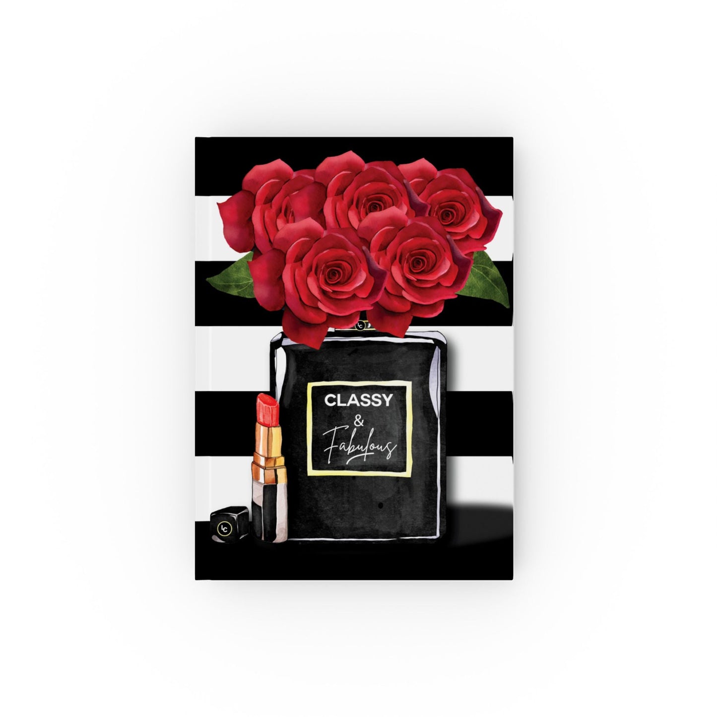 Black Roses and perfume bottle journal Notebook with red roses and 'Classy & Fabulous' text on a black and white striped background