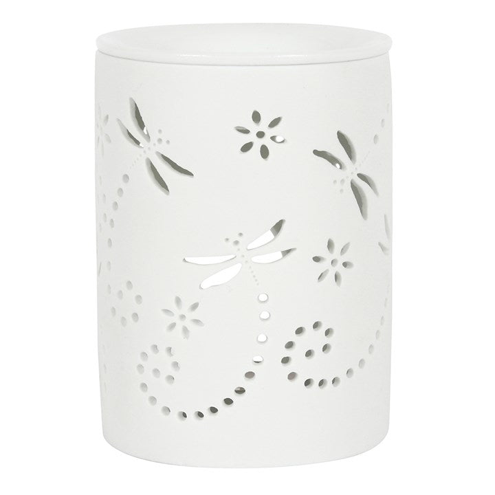 White decorative dragonfly lantern oil burner with floral cutouts on a white background