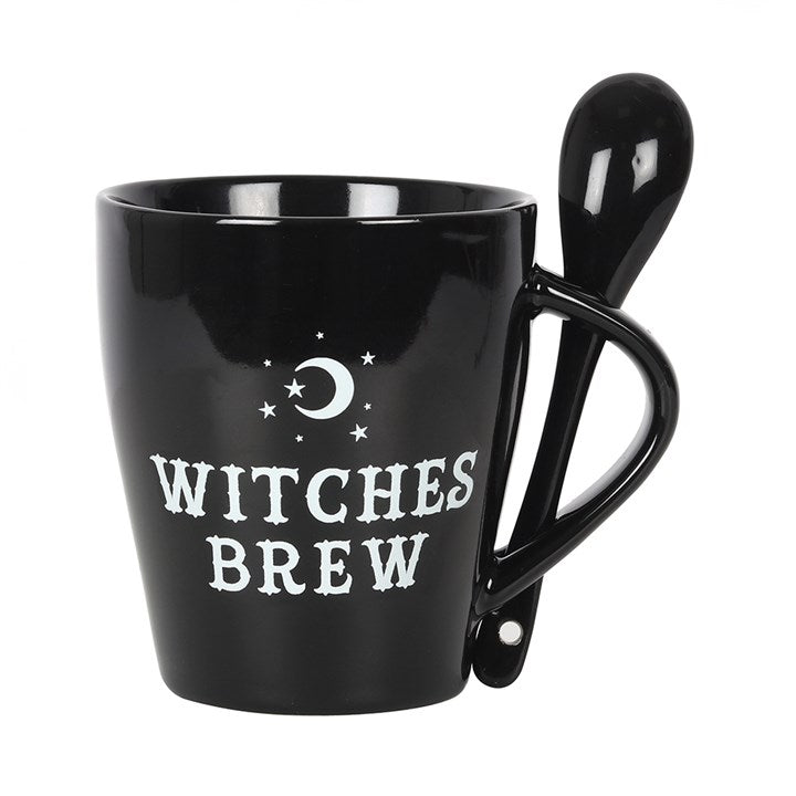 Black mug with 'Witches Brew' text and a spoon on a white background