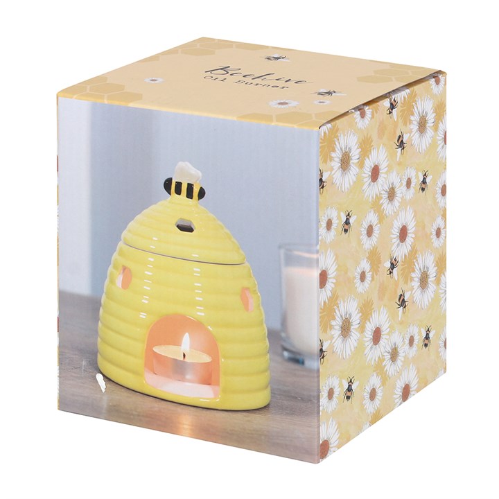 Boxed Yellow bee-themed oil burner oil warmer tealight holder in a decorative box with floral and insect design