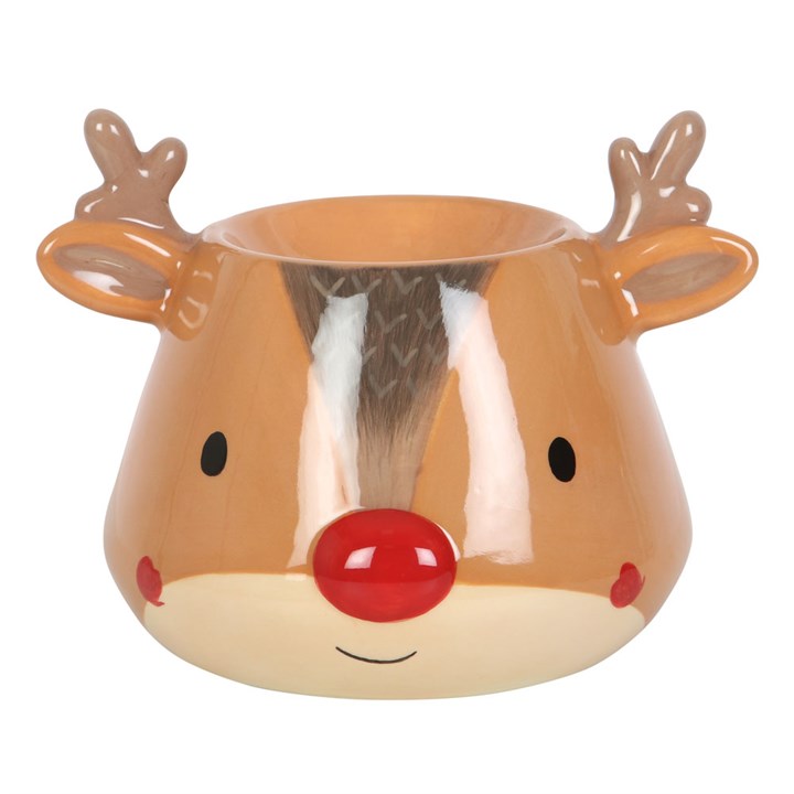 Reindeer-shaped oil burner with a red nose on a white background