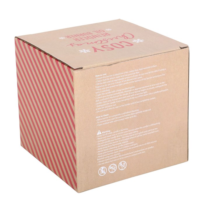 Cardboard box with red striped pattern and text on a white background