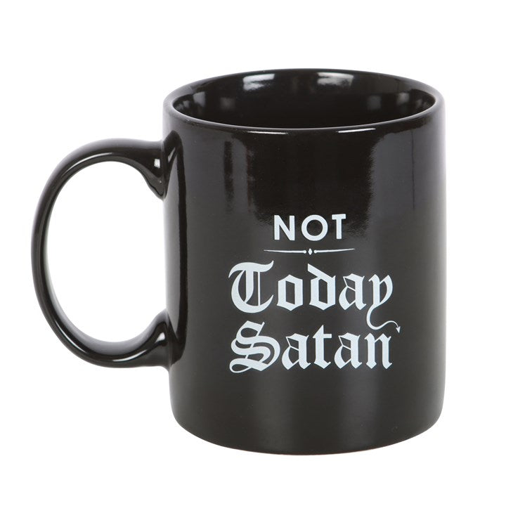Black mug with 'Not Today Satan' text on a white background