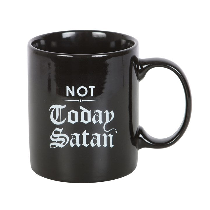 Black mug with 'Not Today Satan' text on a white background