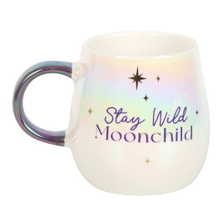 Iridescent mug with 'Stay Wild Moonchild' text on a white background