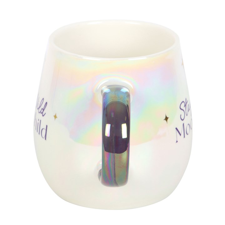 Iridescent mug with text on a white background