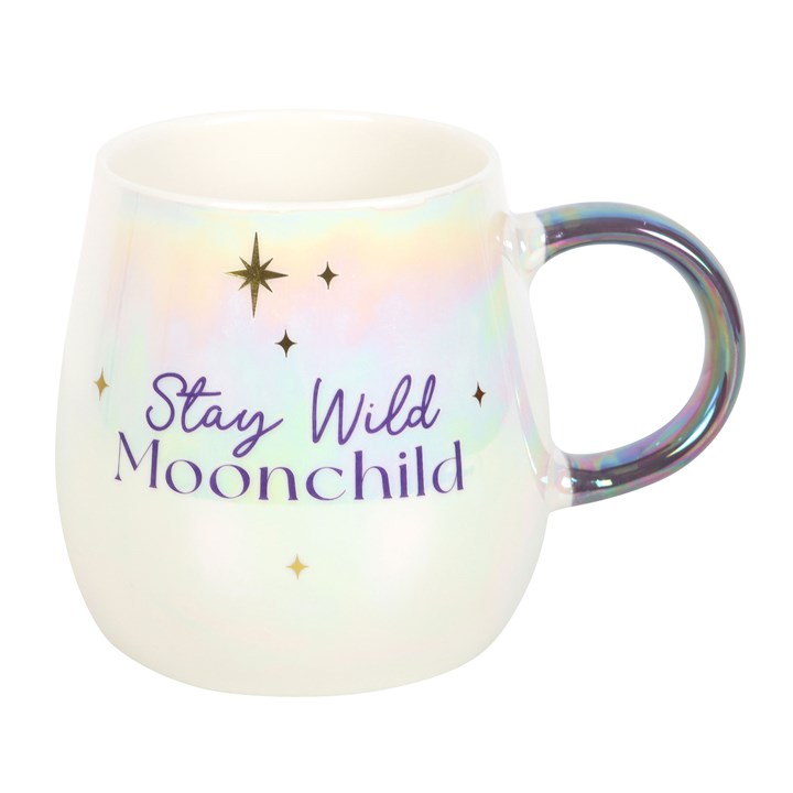Iridescent mug with 'Stay Wild Moonchild' text and star designs on a white background