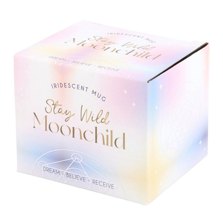 Iridescent mug packaging with 'Stay Wild Moonchild' text on a white background