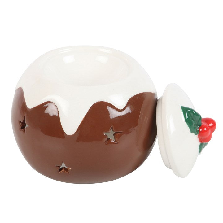 Ceramic Christmas pudding oil burner with a lid on a white background