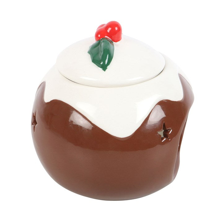 Ceramic Christmas pudding with a holly on top on a white background for oil fragrance