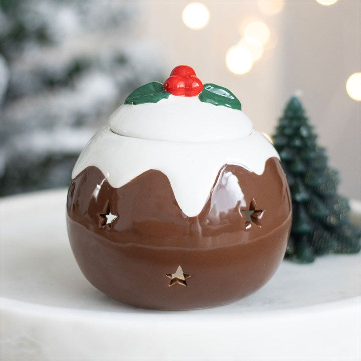 Ceramic Christmas pudding ornament with a snowy background