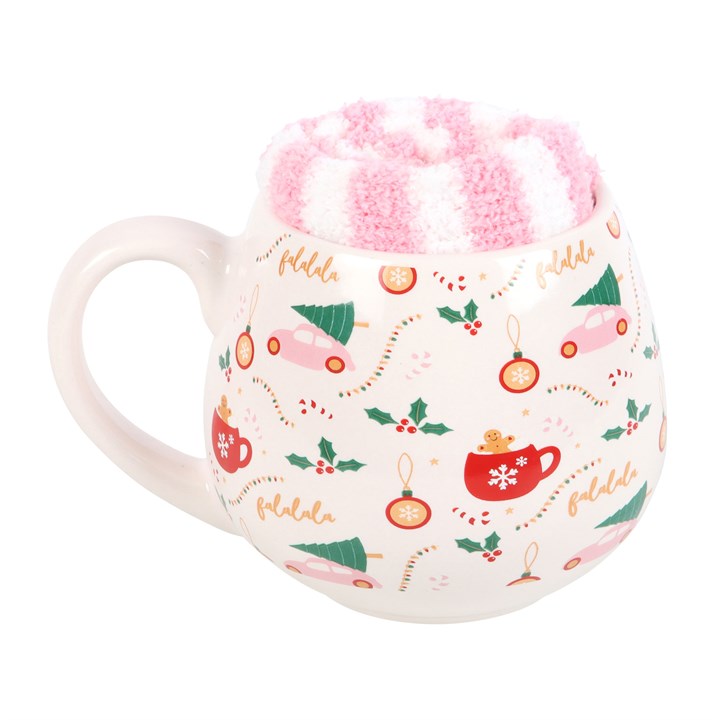 Christmas Mug with Christmas pattern and pink candy cane fuzzy top on a white background