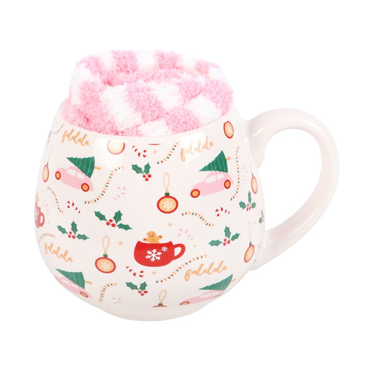 Socks and mug christmas gift - This Decorative mug with Christmas pattern filled with pink cotton candy on a white background