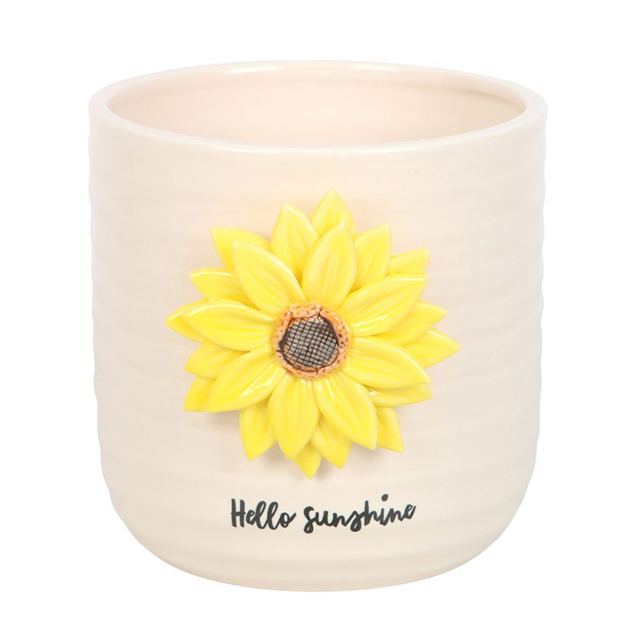 Ceramic flower pot with a sunflower design and 'Hello Sunshine' text on a white background