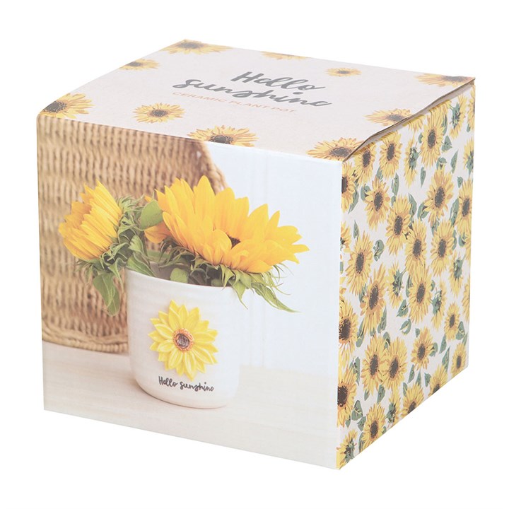 Vase with sunflower design and 'Hello Sunshine' text in a decorative box with sunflower pattern