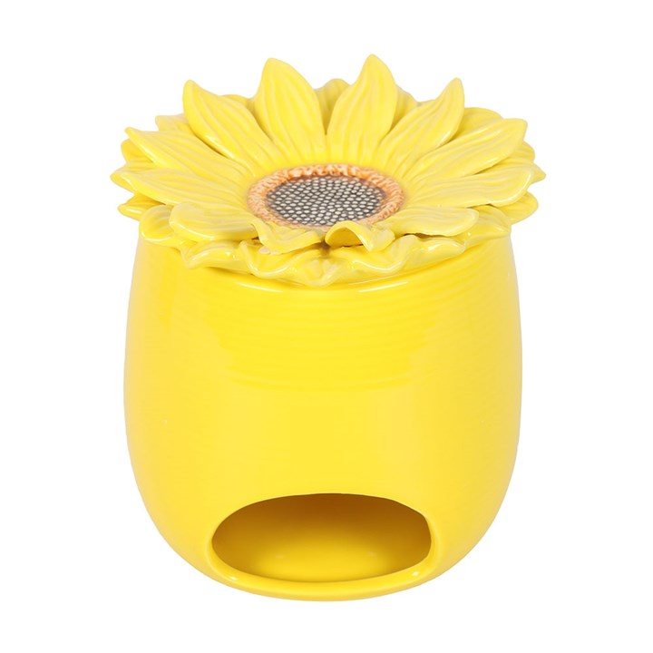 Yellow ceramic container with sunflower design on a white background
