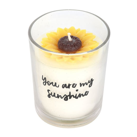 3rd Anniversary gift Candle in a glass jar with a sunflower design and 'You are my sunshine' text on a white background