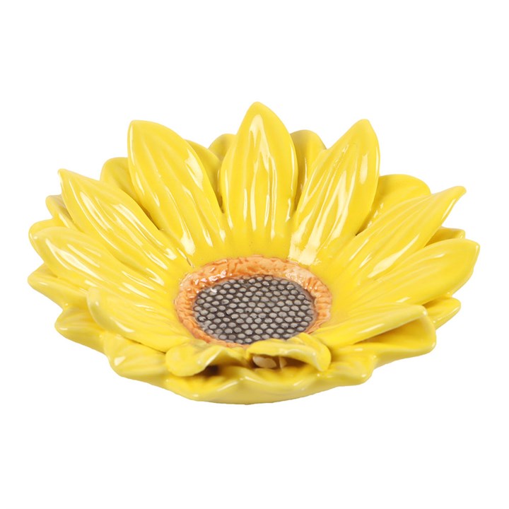 Yellow ceramic sunflower-shaped dish on a white background