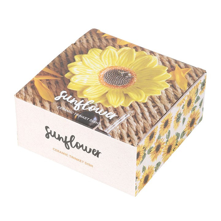 Sunflower-themed ceramic trinket dish packaging on a white background