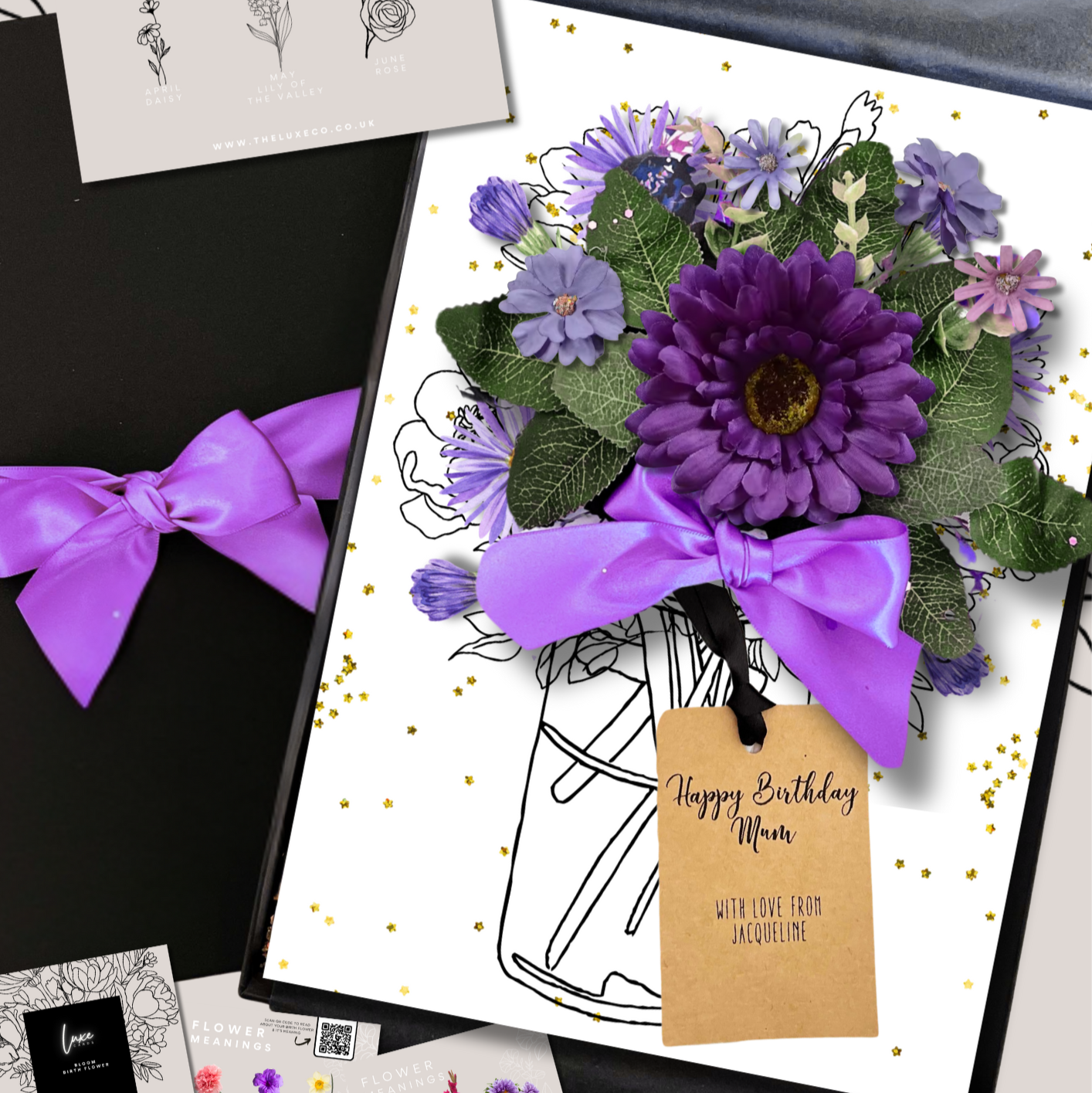 Floral aster card - the birth flower for September - designed with purple aster silk flowers that last forever and a bow, surrounded by flower meaning cards