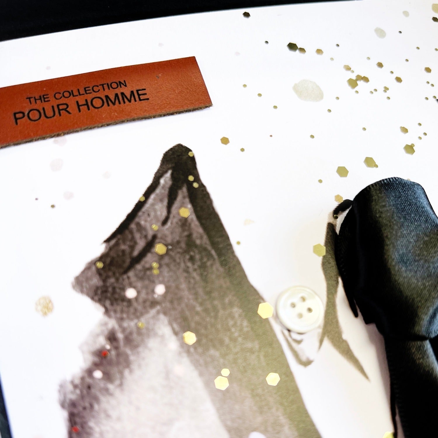 Personalised Son Birthday Cards Scented with Cologne close up of Leather tag on each mans card