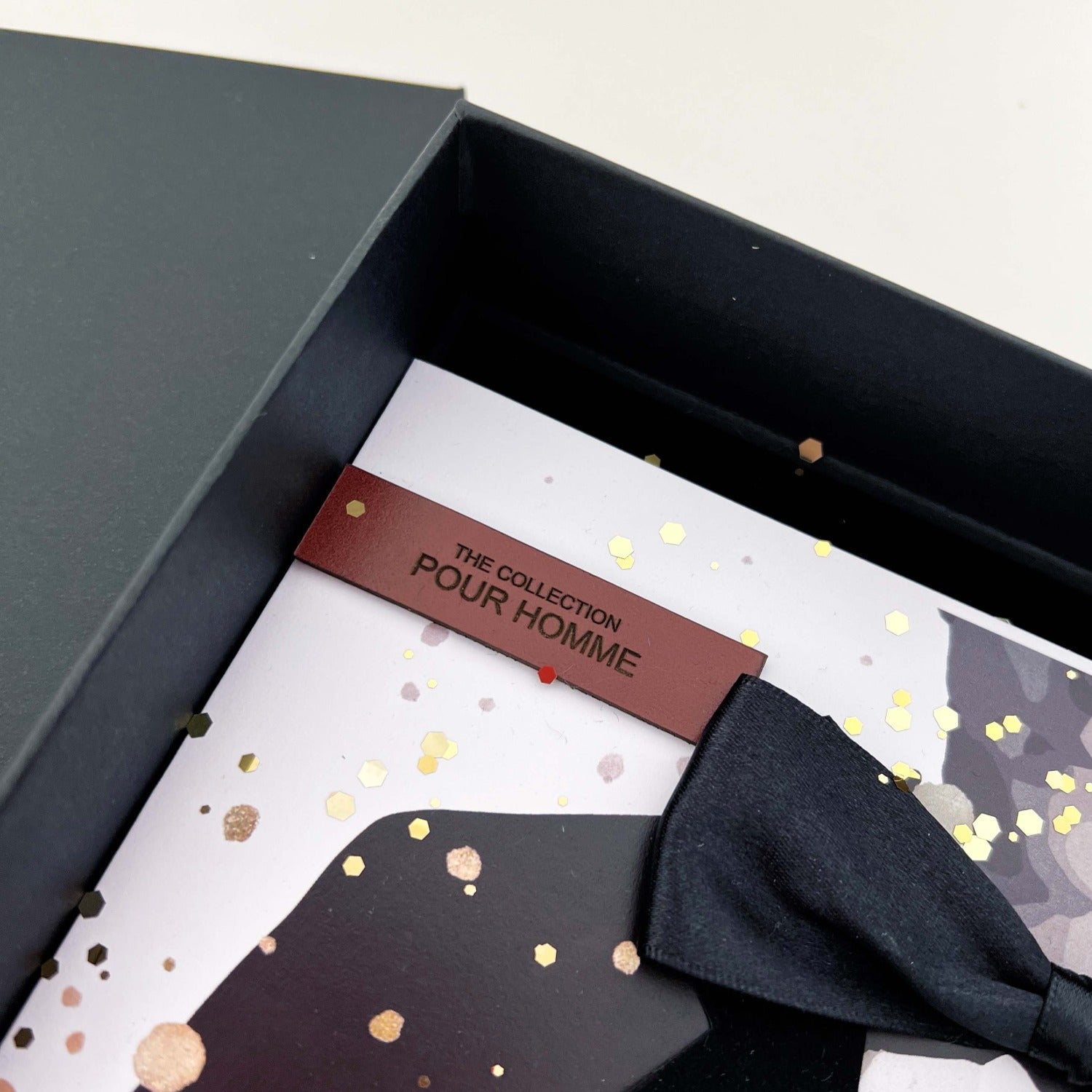 Personalised Tux Anniversary Card for husband with leather tag black satin dickie bow tie | Luxury personalised greetings cards for him