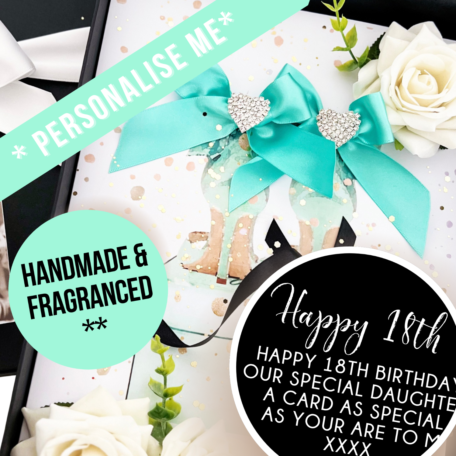 18th Tiffany Birthday Scented Card Gift with teal ribbon and handmade everlasting roses