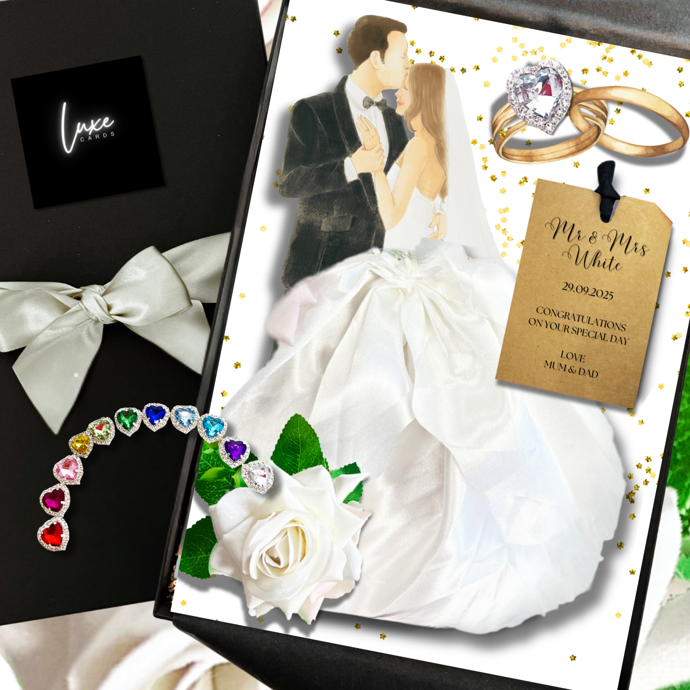 A Son and Daughter Personalised Wedding-themed gift set with rings, card, and decorative elements on a white background