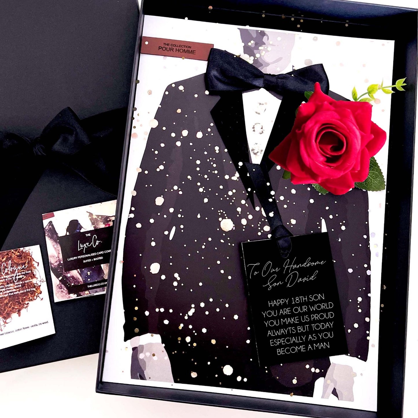 Handsome Son in Tuxedo 18th Birthday card gift boxed scenetd with aftershave for the ultimate birthday card