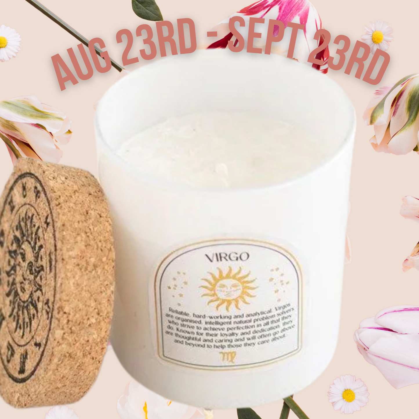80th Candle with a label featuring the Virgo zodiac sign on a decorative background with flowers and text.