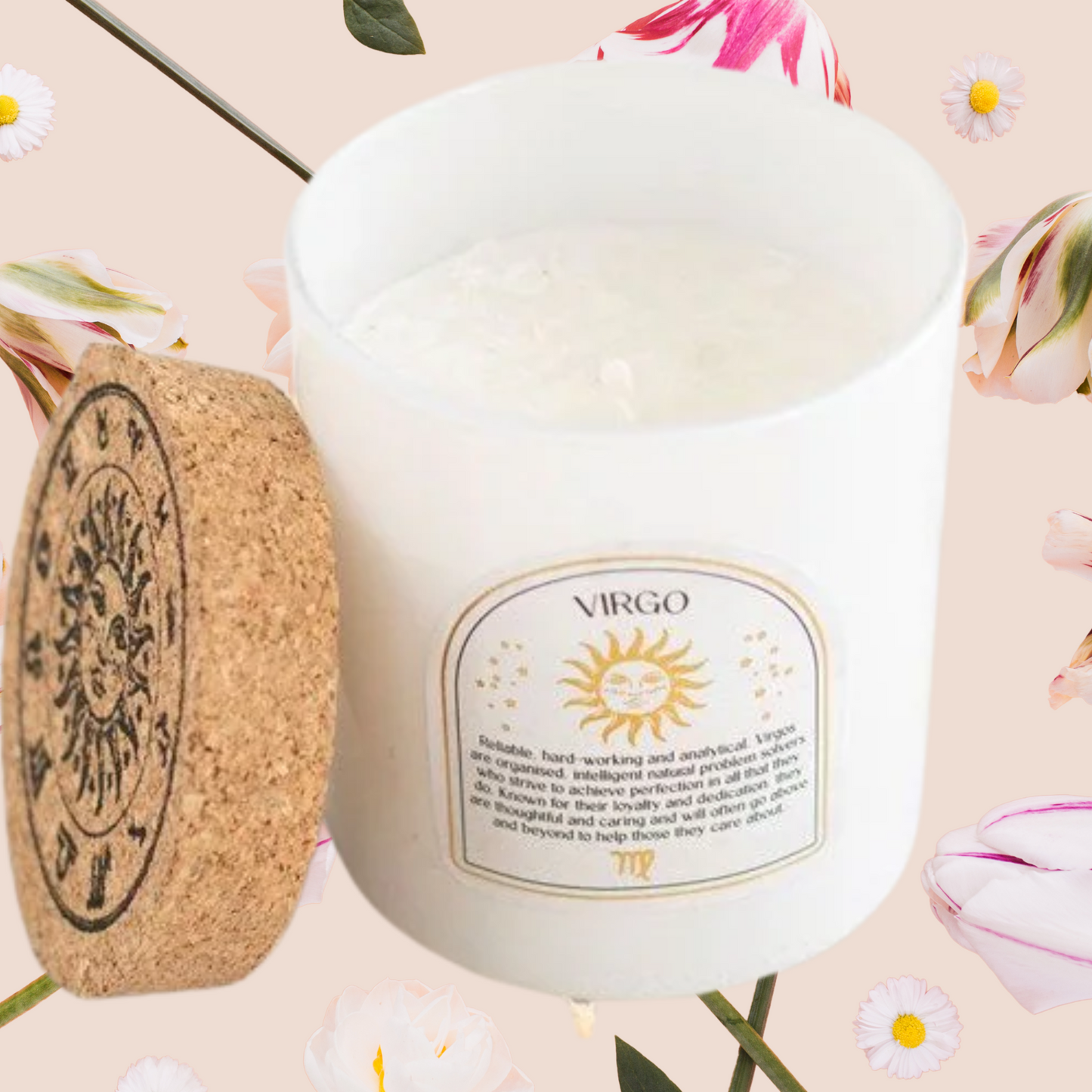 Candle with 'Virgo' label on a decorative background with flowers