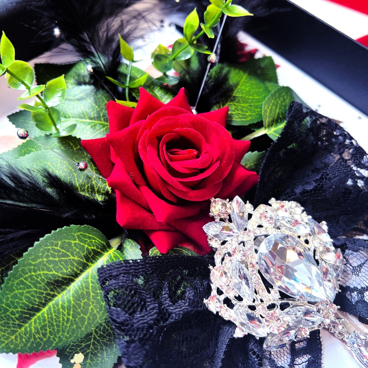 Art Deco Black Lace & Red Rose Bling Super Luxe cards gifts