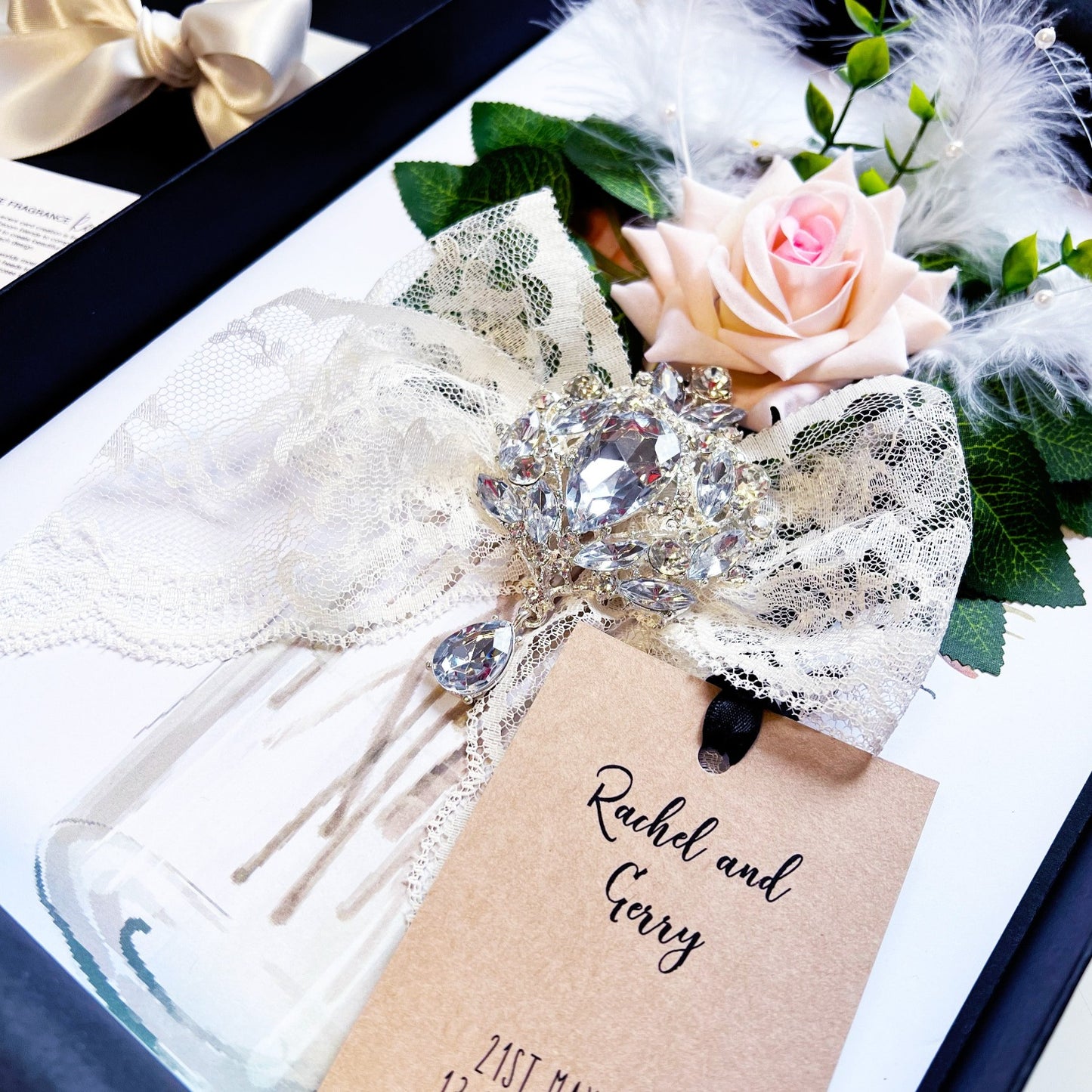 Luxurious Handmade Boxed Engagement Card 'Art Deco Lace & Rose' with luxury lace and super sparkly large crystal brooch