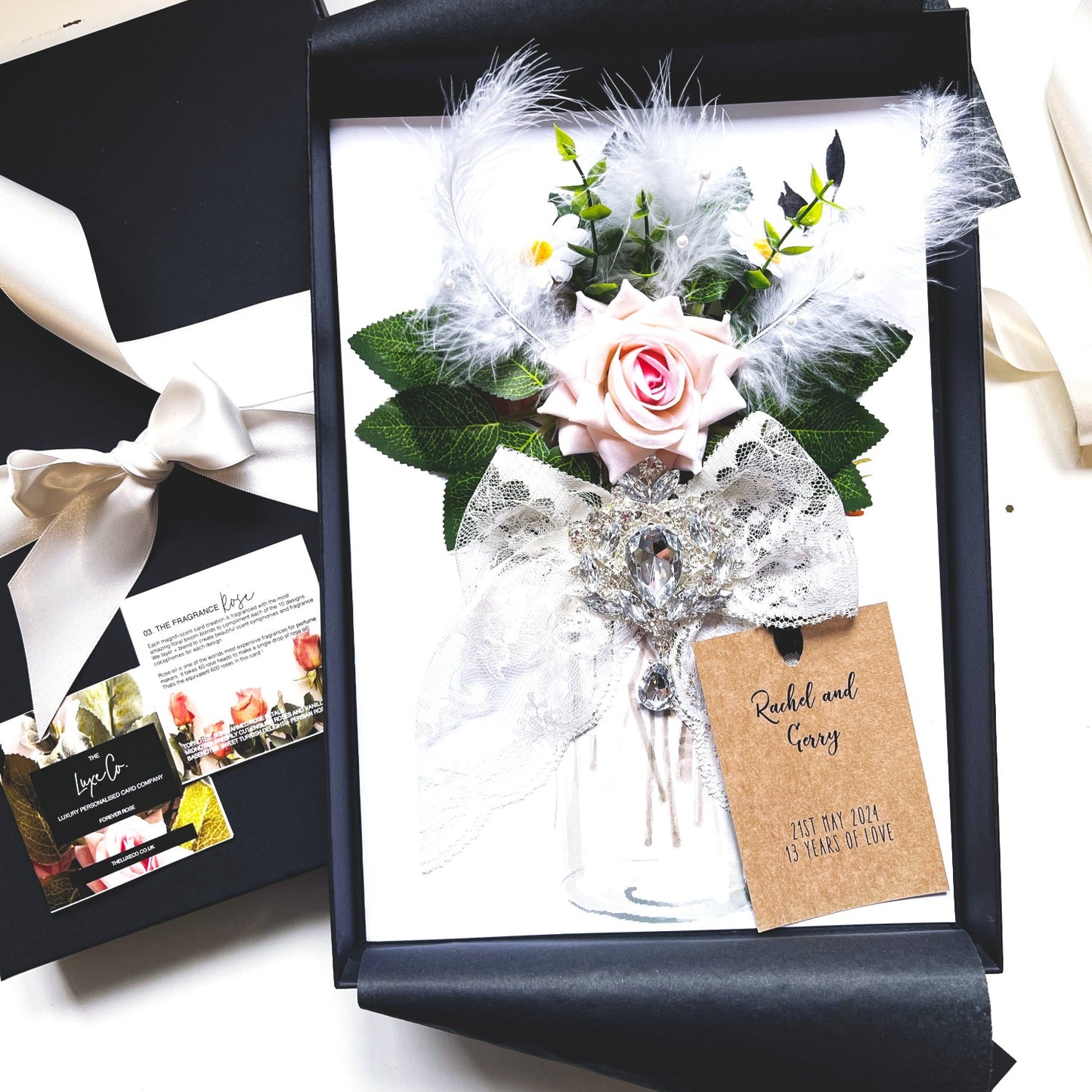 The worlds most beautiful personalised Handmade Boxed Luxury Engagement Card 'Art Deco Lace & Rose'