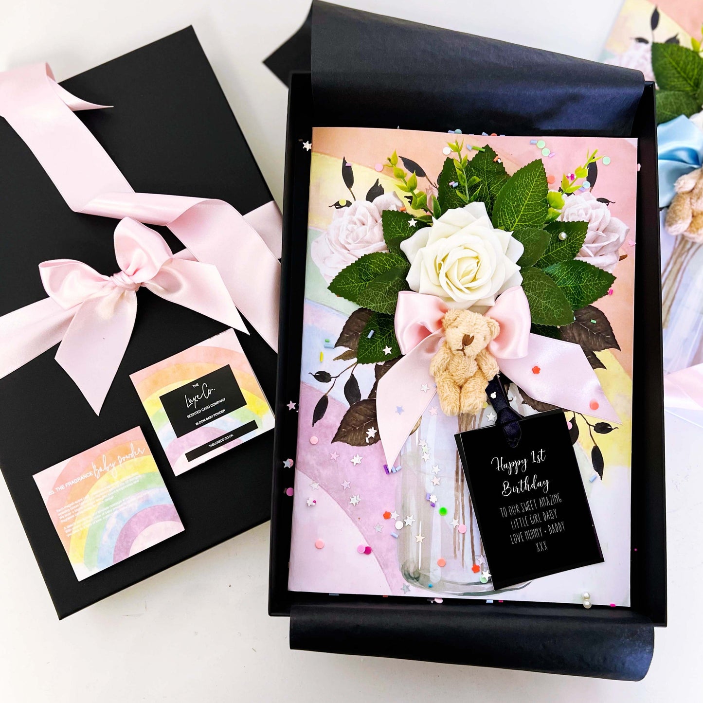 Beautiful first birthday cards for Granddaughter 1st birthday - handmade 3d teddy bear rainbows and pink. Perfect luxury cards for little girls first birthday