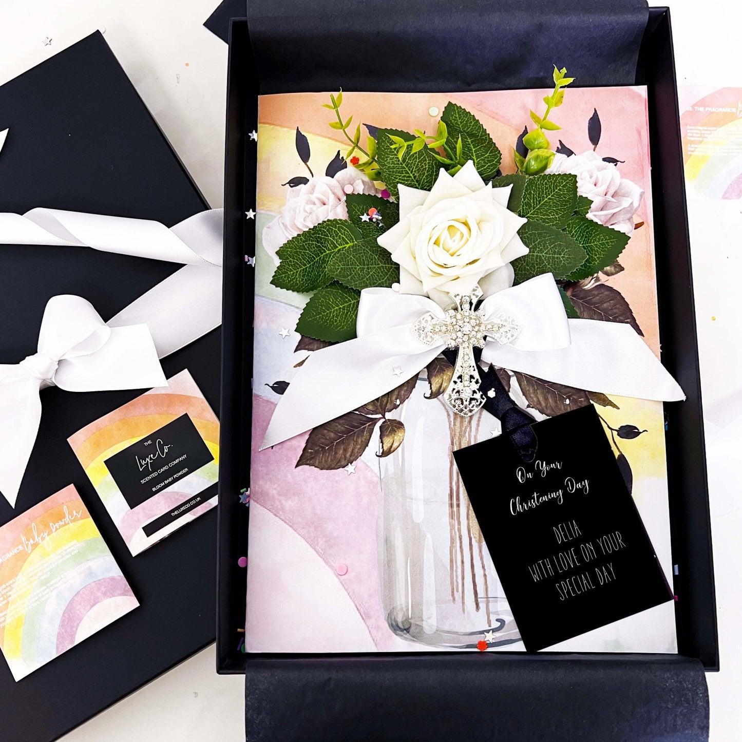 Luxury Crystal Cross Personalised Christening Card handmade with silver diamante cross