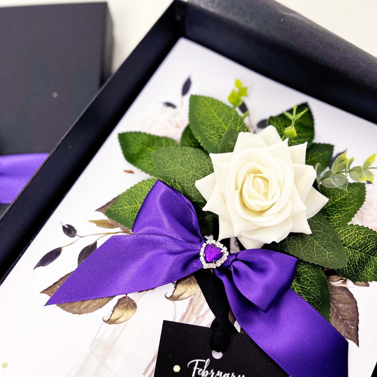 Amethyst Birthstone Birthday Cards personalised with wording handmade with velvet scented rose and amethyst heart