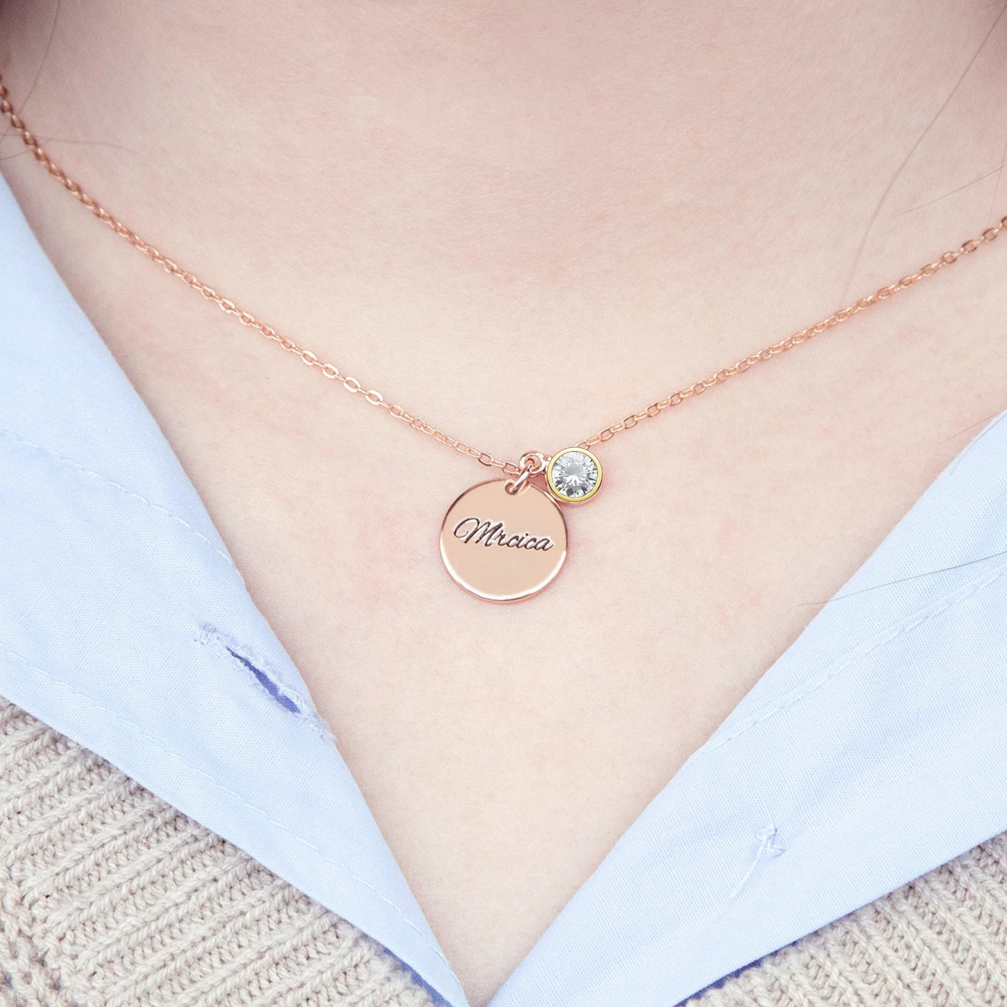 Personalized Rose gold engagement necklace with a round pendant and crystal gemstone on a light background for silver engaged gift with name, couples initials or engagement date or even say 'Love You' - anything goes as long as it's 8 characters or less