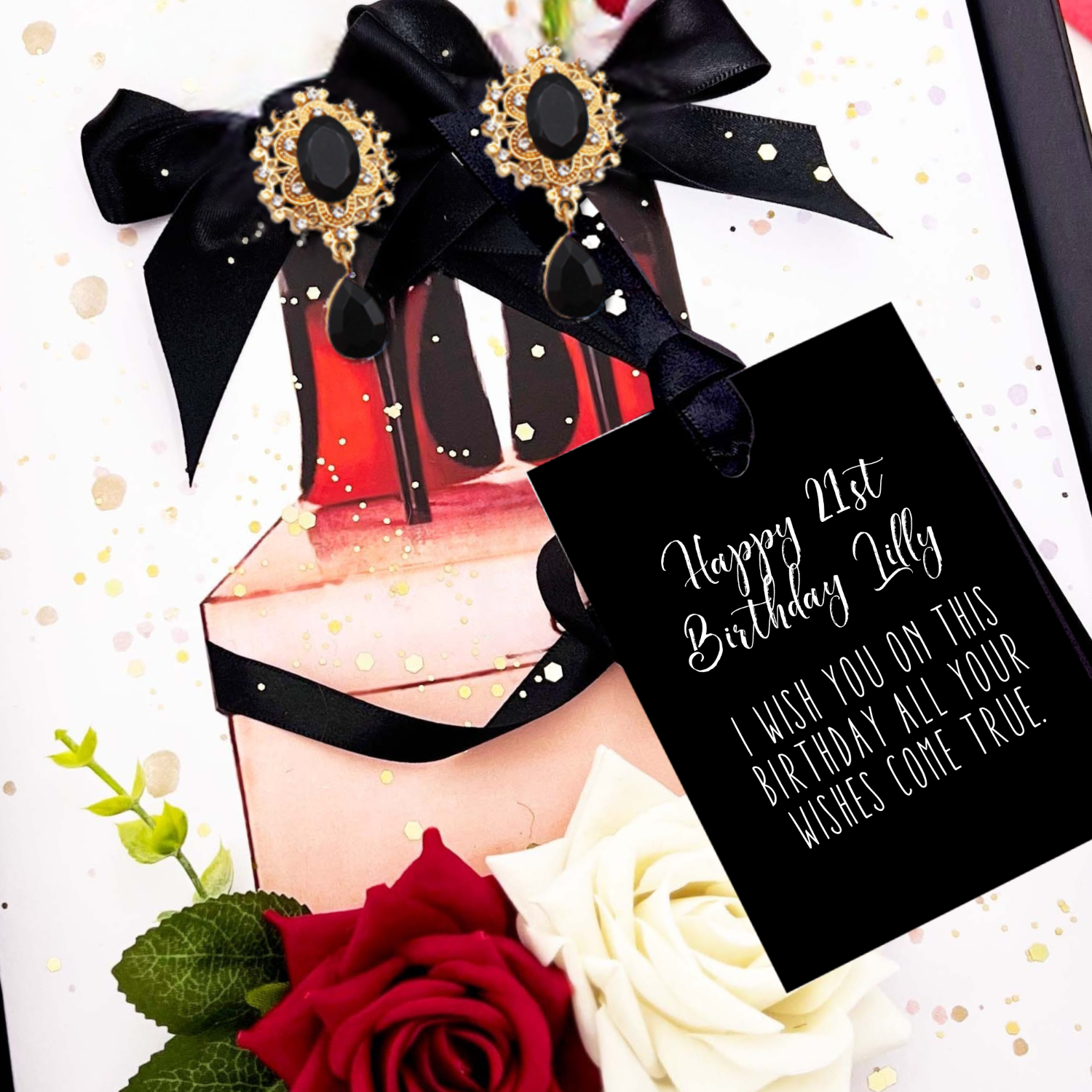 Luxury Red high heels 21st Birthday Card with black bows, earrings, and a birthday card on a white background with flowers.