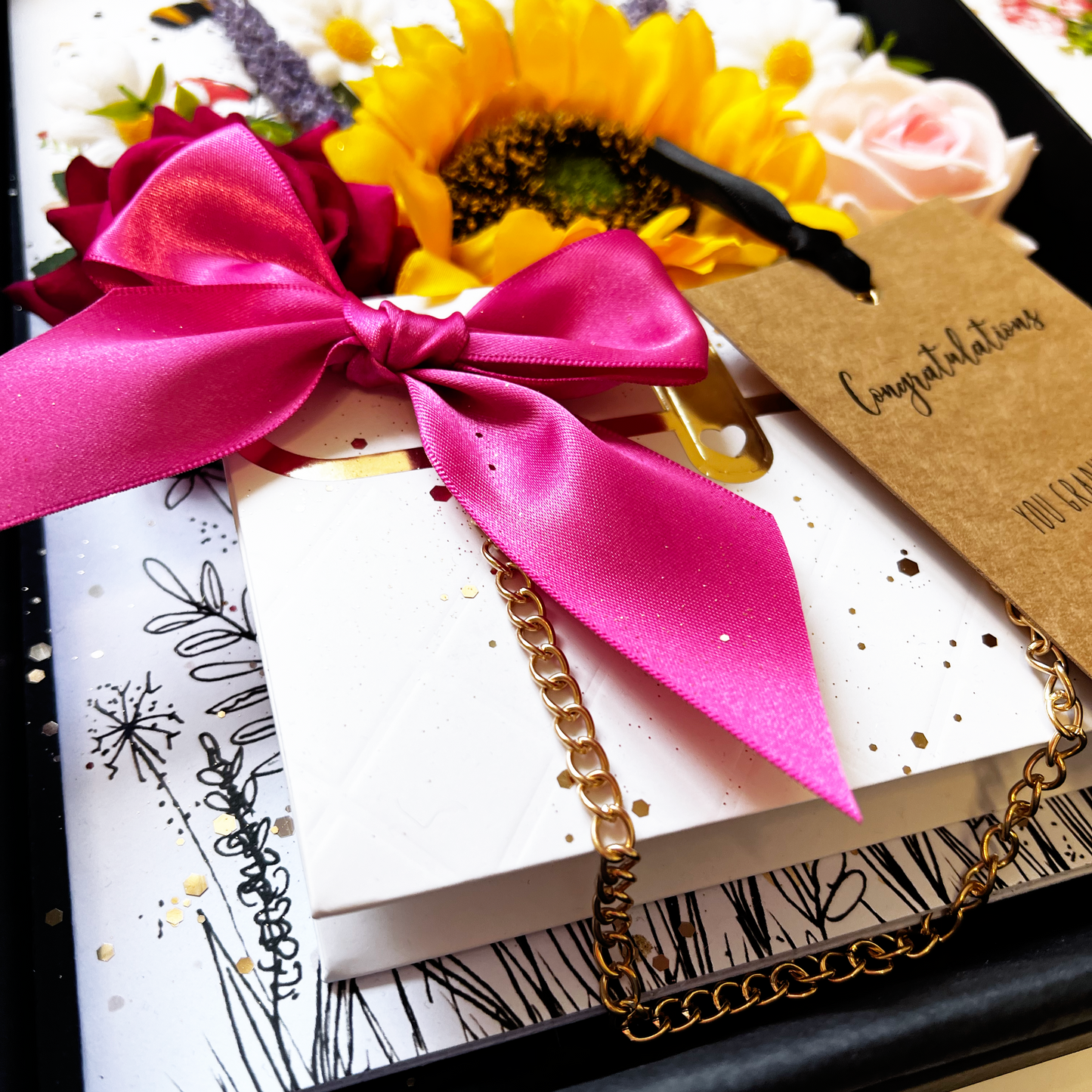 Personalised Mother Bloom Bouquet Mother's Day card handmade with sunflower and velvet roses