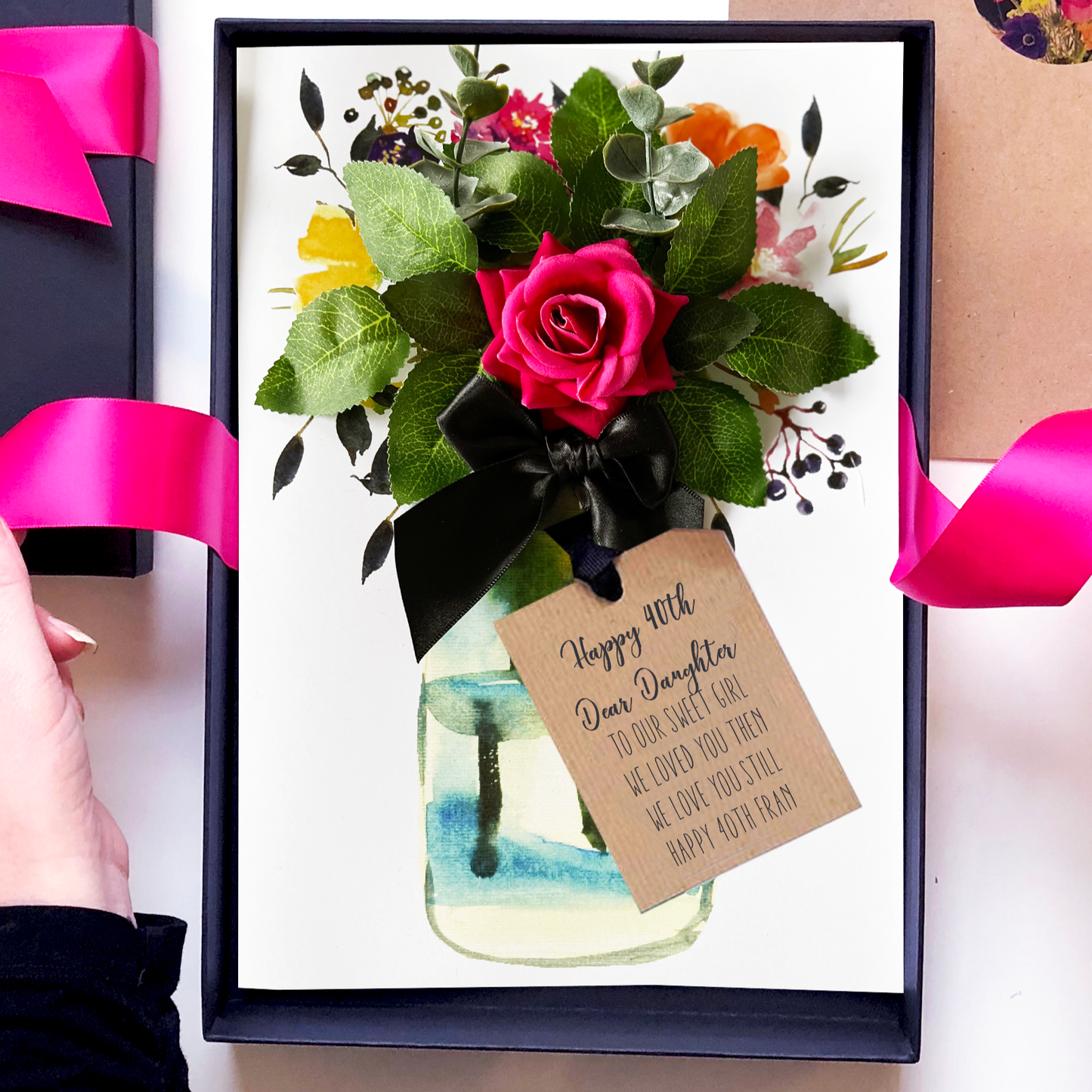 Hot Pink Rose 40th birthday card for daughter with scented rose