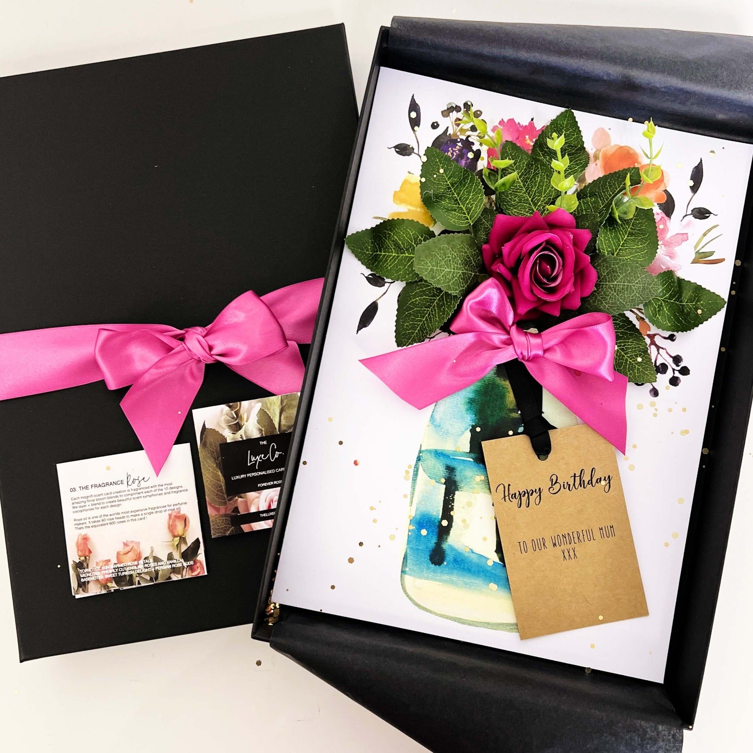 Handmade Personalised Greetings Card with hot pink scented velvet rose