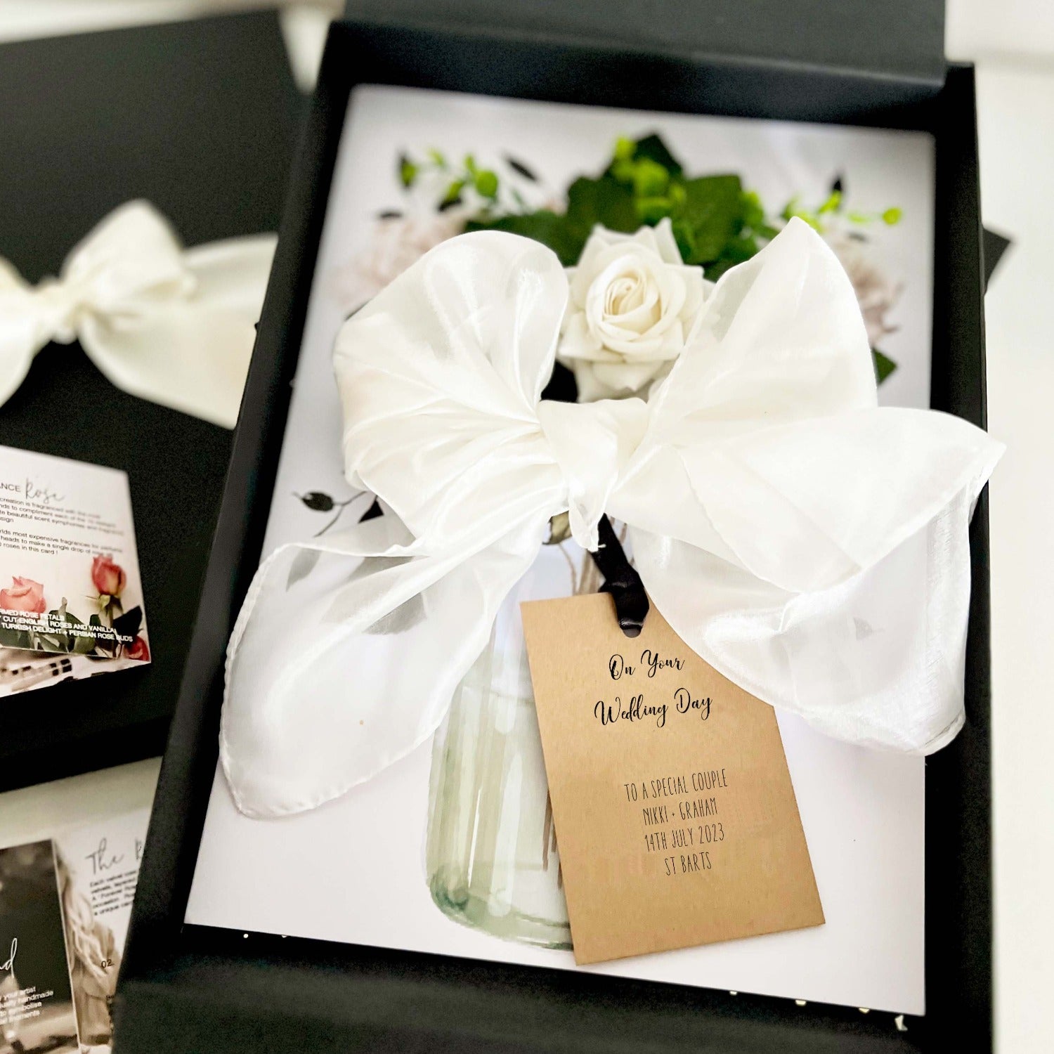 A Personalised Wedding Gift boxed card: Handmade with pure Mulberry Silk. These Bloom wedding gift boxed cards come designed with 100% raw silk ribbon and scented flower